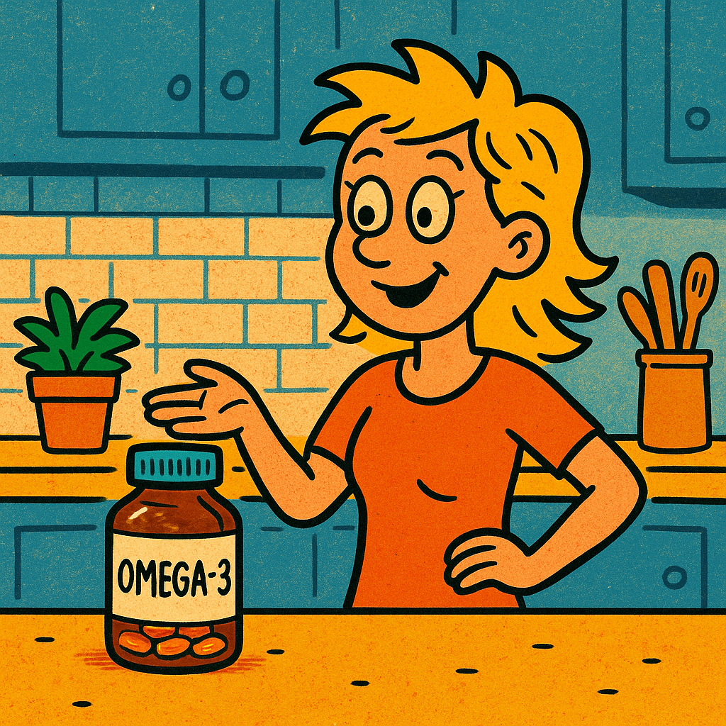 90s-style cartoon of a woman standing behind a kitchen counter with a labeled amber bottle of “OMEGA-3” in front of her. The scene is bright and cheerful, with a cozy kitchen backdrop, blending wellness and nostalgia.