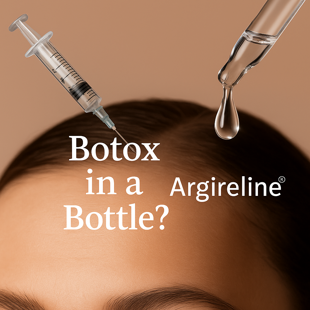 Photo-realistic comparison showing a smooth forehead. On the left, a realistic syringe angled toward the skin represents Botox. On the right, a dropper releases a glowing serum droplet labeled Argireline®. Text overlay reads: ‘Botox in a Bottle?’
