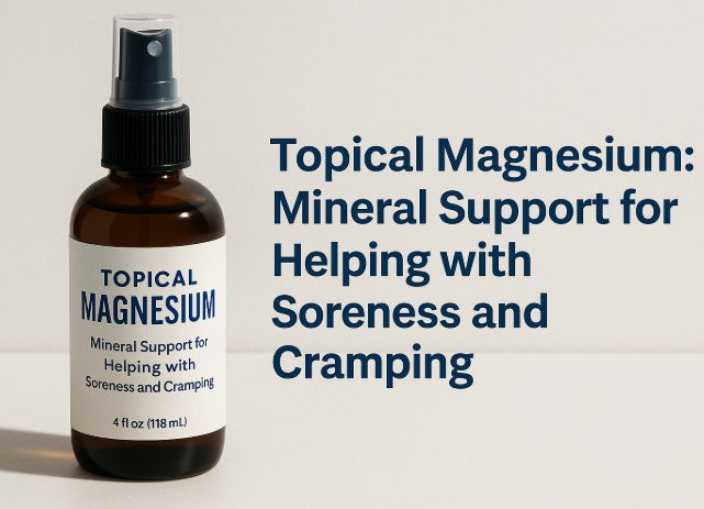 A photorealistic amber spray bottle labeled “Topical Magnesium – Mineral Support for Helping with Soreness and Cramping,” placed on a neutral background with soft shadows.