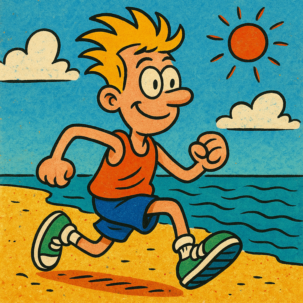 90s-style cartoon of a cheerful person jogging on a sunny beach with blue waves, fluffy clouds, and a bright red sun overhead — representing the connection between exercise and youthful, glowing skin. 