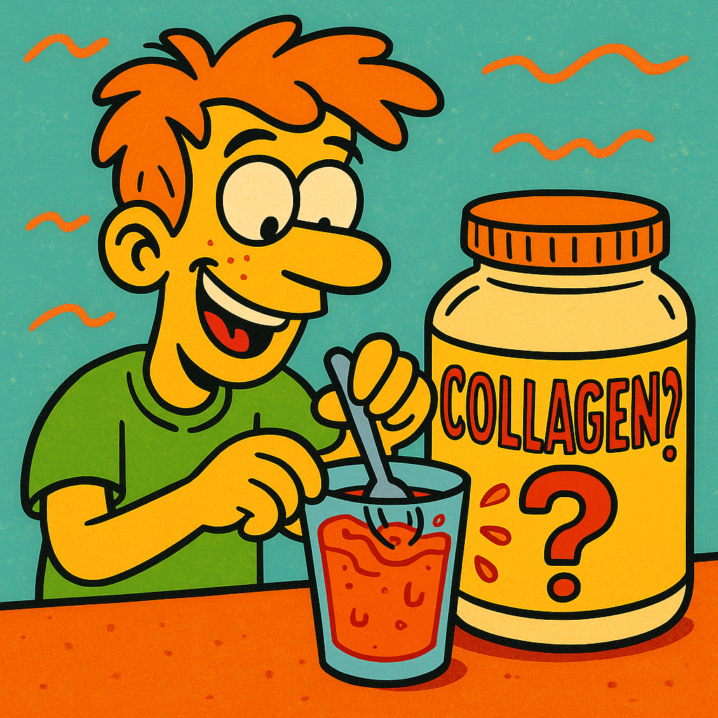 90s-style cartoon of a person mixing a supplement drink with a large bottle labeled “COLLAGEN?” beside them, capturing curiosity and humor around collagen supplements for skin health.