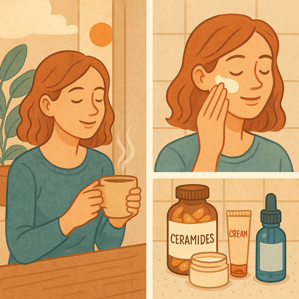 Illustration or photo representing holistic skincare — showing both supplements and topical products on a clean counter, symbolizing a balanced inside-and-out approach to skin wellness.