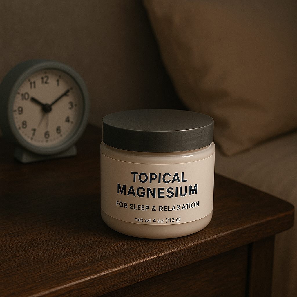A photorealistic bedside scene showing a jar of topical magnesium cream labeled “Topical Magnesium for Sleep & Relaxation” on a wooden nightstand, beside a small clock and pillow, softly lit by warm evening light.