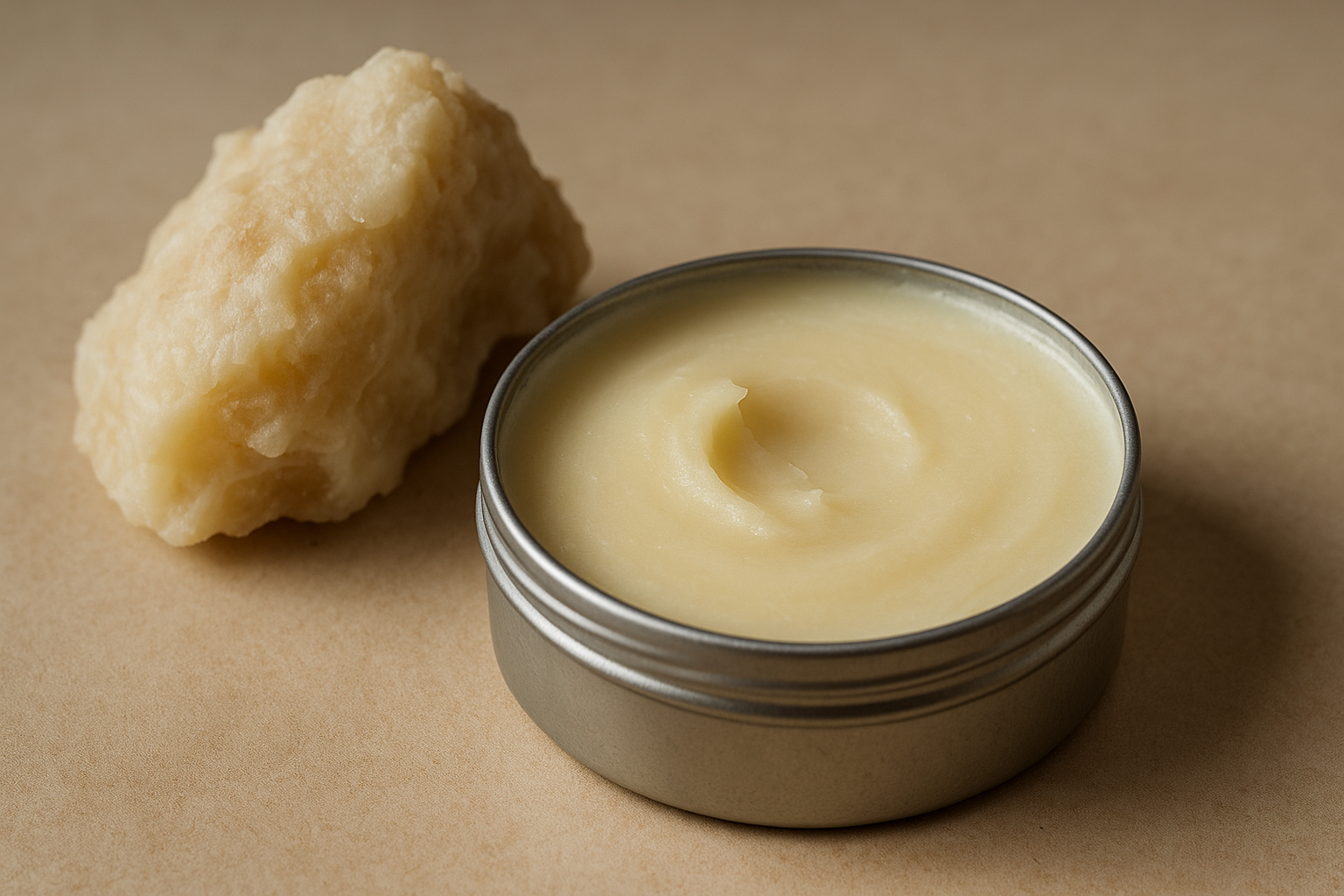 Photorealistic image of a small metal tin filled with creamy tallow balm, with a piece of solid rendered tallow beside it, placed on a neutral surface under soft natural light.