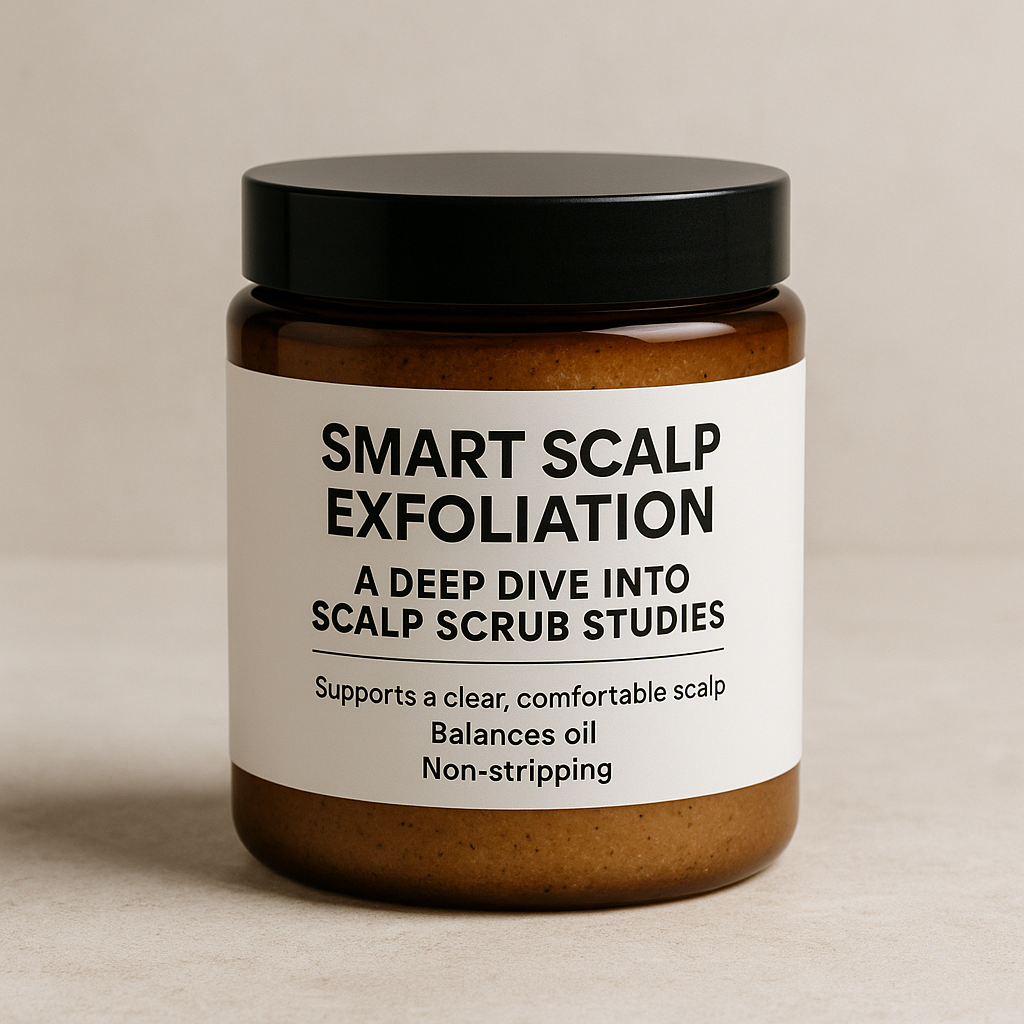 A photorealistic amber jar of scalp scrub with a black lid, labeled “Smart Scalp Exfoliation – A Deep Dive into Scalp Scrub Studies,” shown on a neutral background with soft lighting.