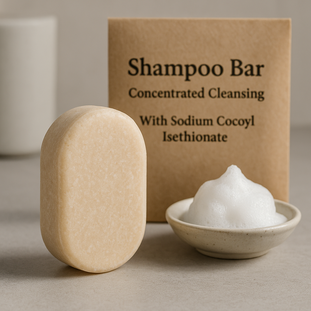 Sodium Cocoyl Isethionate (SCI) shampoo bar on counter with foamy lather and eco-friendly kraft packaging.