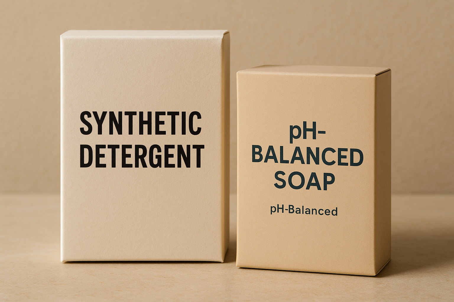 Photorealistic image of two soap product boxes on a beige surface. One box is labeled ‘Synthetic Detergent’ and the other is labeled ‘pH-Balanced Soap,’ illustrating the rebranding of synthetic detergent cleansers.