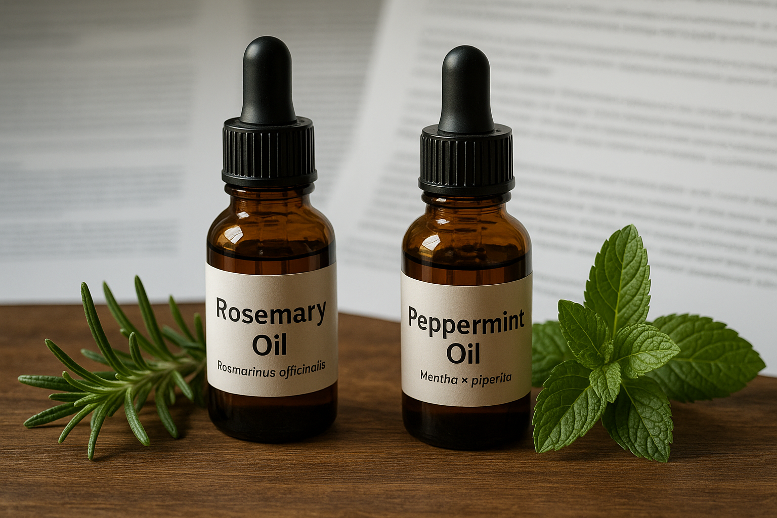 Two amber dropper bottles labeled “Rosemary Oil (Rosmarinus officinalis)” and “Peppermint Oil (Mentha × piperita)” sit on a wooden surface, flanked by fresh rosemary sprigs and peppermint leaves, with blurred research papers in the background.