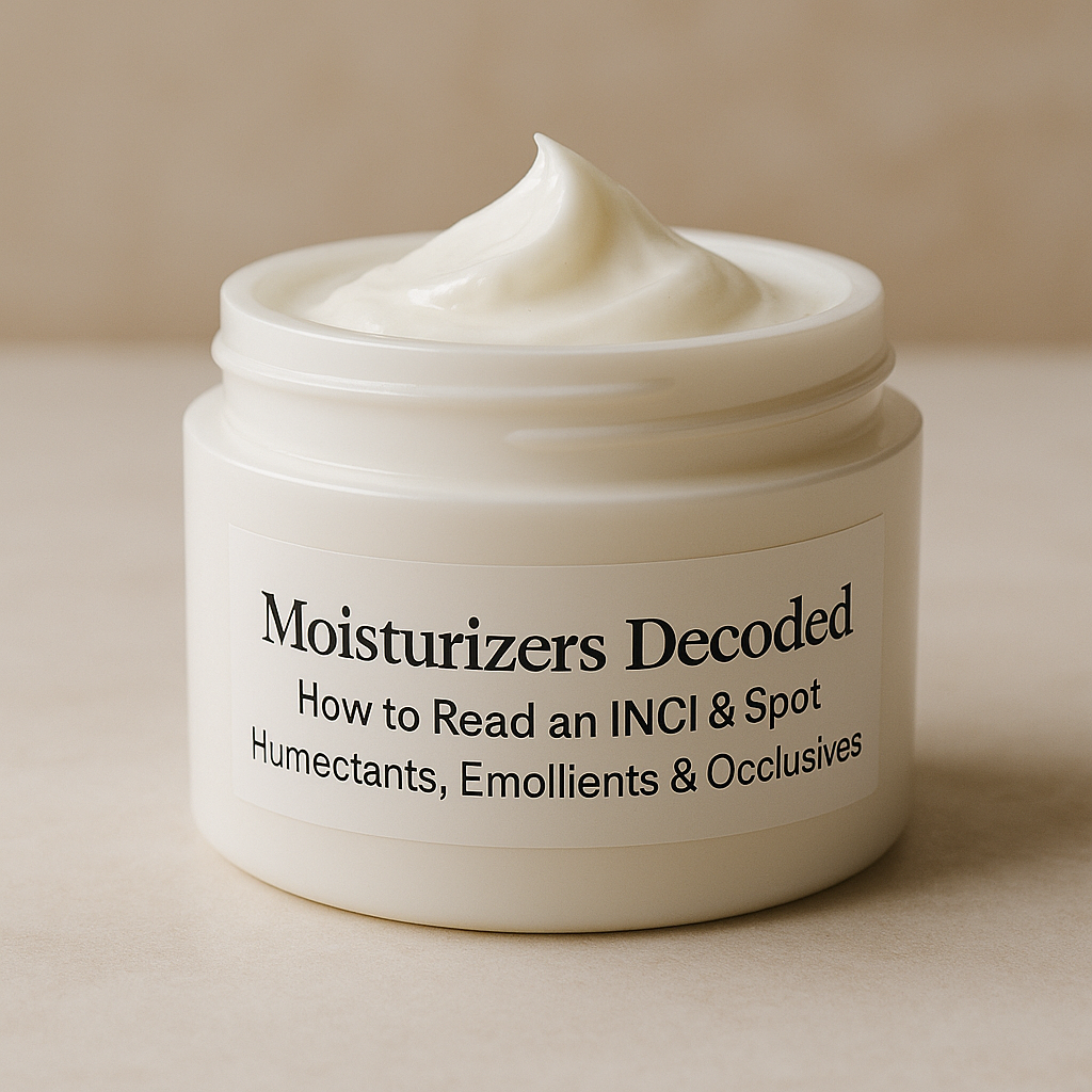 A white jar of facial moisturizer with a swirl of cream on top, labeled “Moisturizers Decoded,” photographed on a neutral background with soft, diffused lighting.