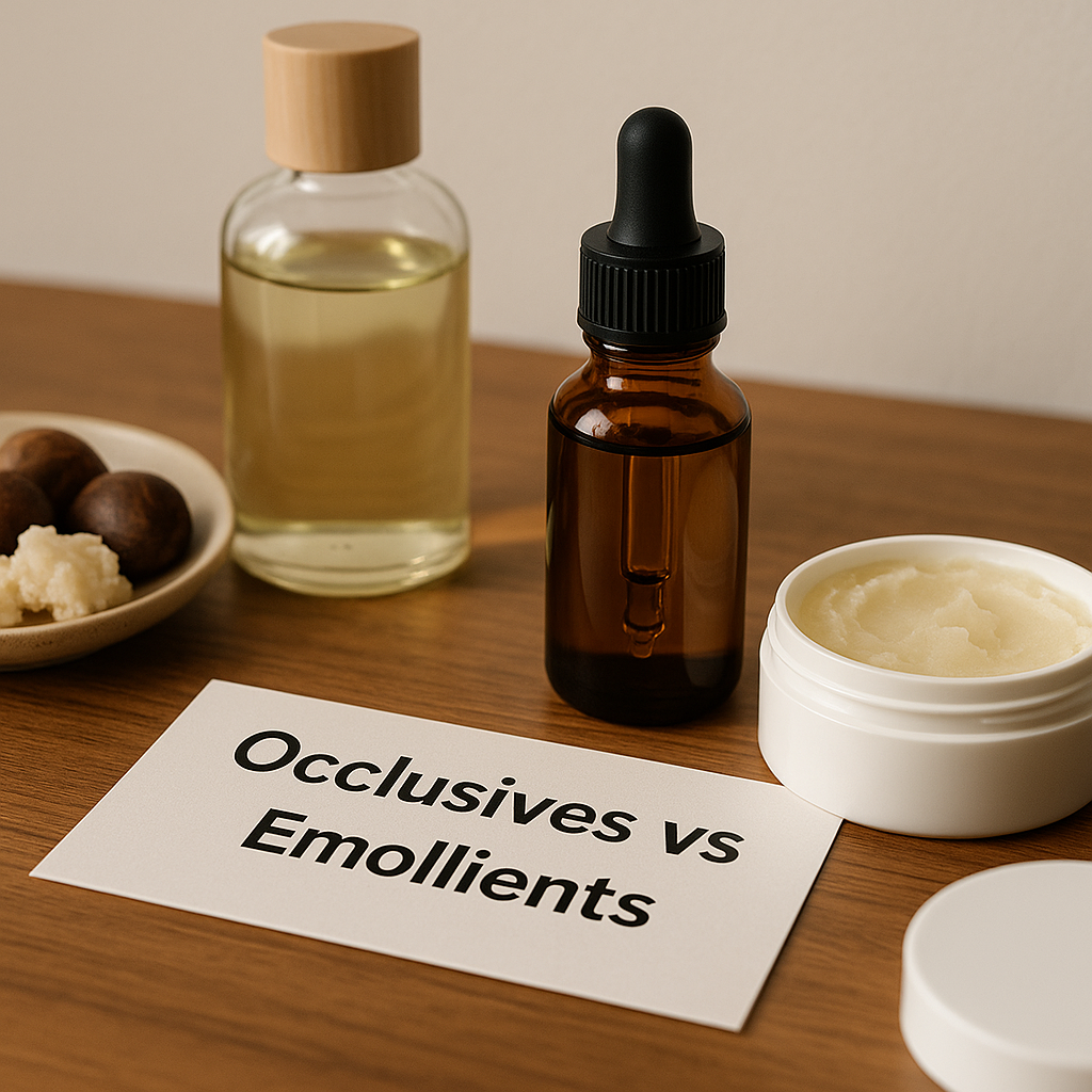 Photorealistic flat lay of skincare items on a wooden surface, including a dropper bottle with oil, a clear bottle with a wooden cap, a jar of creamy balm, and a dish with shea butter and nuts, alongside a card that reads ‘Occlusives vs Emollients.’